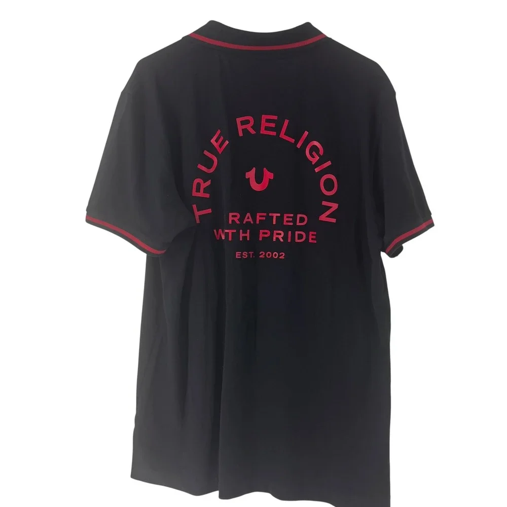 True Religion Mens Black Red Graphic Logo Short Sleeve Polo Shirt XL